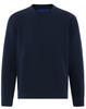 A navy crew neck sweatshirt with long sleeves, featuring a simple design and a logo on the front.