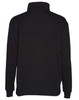 A black half-zip fleece jumper featuring a collar and a plain design, with a logo on the back.