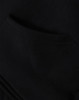A close-up view of a black men's full-zip fleecy hoodie featuring a front pocket and a soft texture.