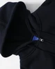 A black men's full-zip fleecy hoodie featuring a hood and zip closure, with a logo on the inside.