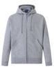 A grey men's full-zip fleecy hoodie featuring a hood and a logo.