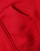 A close-up of a red full-zip fleecy hoodie featuring a front pocket. The fabric appears soft and cozy.