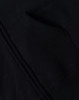 A black full-zip fleecy hoodie featuring a kangaroo pocket and a logo. Soft fabric and stylish design.