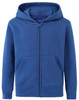 A blue full-zip fleecy hoodie featuring a hood and front pockets, with a logo displayed.