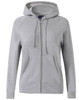 A ladies' full-zip fleecy hoodie in light grey, featuring a hood and front pockets, with a logo on the chest.