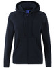 A navy full-zip fleecy hoodie featuring a hood and front pockets, with a logo on the fabric.