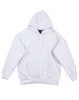 A white men's fleecy hoodie with a front pocket and a hood, featuring a logo.