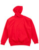 A red kids' fleece hoodie featuring a kangaroo pocket and a hood, with a logo on the front.
