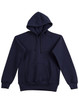 A navy blue ladies' fleecy hoodie featuring a hood, front pocket, and ribbed cuffs. It has a logo on the front.