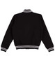 A black fleece varsity jacket featuring white striped ribbing on the collar and cuffs, with a logo on the back.