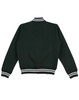 A dark green fleece varsity jacket with contrasting white stripes on the collar and cuffs, featuring a logo.