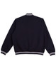 A navy fleece varsity jacket featuring a striped collar and cuffs, with a simple design and no visible logos.