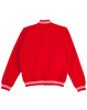 A red adult's fleece varsity jacket featuring a classic ribbed collar and striped cuffs. It has a logo on the front.