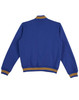 A blue fleece varsity jacket featuring contrasting striped ribbing on the collar and cuffs, with a logo at the front.
