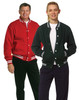 A red fleece varsity jacket worn by a man and a green fleece varsity jacket worn by a young person, both with stripes.