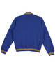 A blue kid's fleece varsity jacket with yellow and white striped detailing on the collar and cuffs.