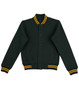 A green kid's fleece varsity jacket with yellow striped collar and cuffs, featuring a logo.