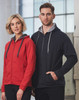 A red and a dark grey fleece hoodie with contrast detailing, featuring full zip closures and hoods. Both have logos.