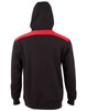 A black hooded jumper featuring a red contrast stripe across the shoulders and a kangaroo pocket. It has a logo on it.