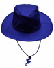 A blue slouch hat with a wide brim and a break-away clip on the chin strap. It includes a logo.