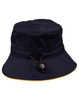 A navy bucket hat with a toggle adjustment and a yellow underside. It features a simple design and a branding logo.