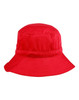 A red bucket hat with a wide brim and a toggle, featuring a simple, unembellished design.