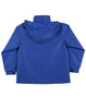 A blue varsity jacket with a hood, featuring a smooth finish and a back view. It has a logo on the back.