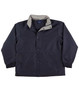 A navy and grey varsity jacket featuring a collared neckline and snap button closure. It has side pockets and an inner lining.