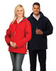 A red and a navy jacket displayed on two models, featuring zippers and contrast stitching. Both jackets have a logo.