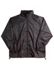A black outdoor activity spray jacket features a full zip and elastic cuffs. It includes a logo on the chest.