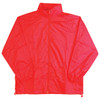 A red kids' outdoor activity spray jacket with a zip front and adjustable hem. Includes a logo on the front.