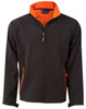 Men's softshell jacket in black with orange contrast details, featuring a zip front and two side pockets. Includes a logo.