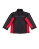 A black and red men's 3-in-1 jacket with a high collar and contrasting side panels, featuring a logo.