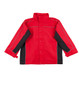 A red and black 3-in-1 jacket featuring a high collar and reflective piping, with a logo on the front.