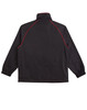 A black track jacket for kids featuring red piping and elasticated cuffs. The jacket has a high collar and a logo.
