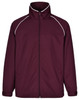 A maroon track jacket with white piping and a high collar. Features a front zipper and long sleeves.