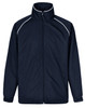 A navy track jacket featuring a high collar and white piping details, with front pockets and a branded logo.