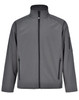 A grey men's softshell high-tech jacket featuring a zip front and two side pockets, with an additional pocket on the arm.