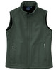 A dark green Ladies' Softshell Hi-Tech Vest with a high collar and zippered pockets, featuring a branding logo.