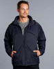 A men's navy chalet jacket with a zip front, featuring a hood and two side pockets, worn by a model.