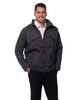A men's black chalet jacket with a zip front, featuring a hood and pockets, worn by a model.
