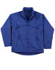 A blue men's chalet jacket, featuring a zip front, high collar, and two zippered pockets, with a logo.