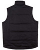 A black nylon rip-stop padded vest with a high collar and quilted design, featuring a logo.
