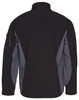 A softshell jacket in black with grey contrast panels, featuring a logo on the sleeve.