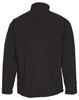 A black softshell jacket featuring a high collar and a logo on the sleeve. The back view displays a sleek design.