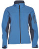 A blue ladies' softshell jacket with contrasting dark grey details and a zippered front. Features a logo on the sleeve.