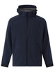 A navy blue men's softshell full zip hoodie with a grey interior and a hood. It features a logo on the front.
