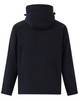 A navy blue kids' softshell full zip hoodie with a hood and a logo on the back.