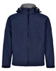 A navy blue softshell full zip hoodie featuring a grey interior and a hood, with a logo on the front.