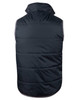 A men's versatile vest in dark grey, featuring a quilted design and a high collar, with a logo on the back.